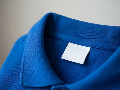 Close up detail of a bright blue collared polo shirt with a blank white clothing label