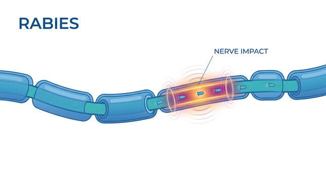 Medical illustration depicting rabies nerve impact on a human neuron cell