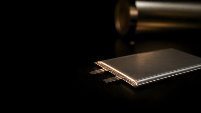Metallic pouch battery cell with foil roll blurred in dark background
