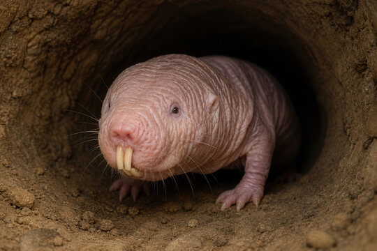 A mole rat is seen coming out of its burrow in a sandy area. The animal has a pink body and long front teeth. This behavior occurs in the daytime when it looks for food or exploring.