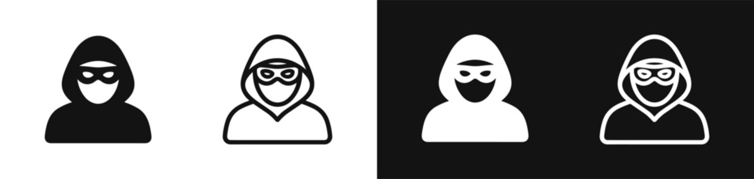 Hacker in Hoodie and Mask Icon Set for Cybercrime and Anonymity