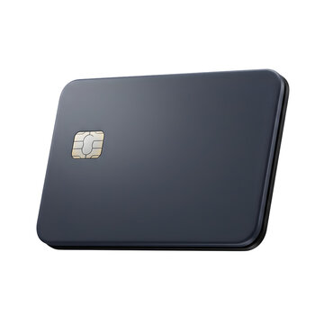 A sleek, dark grey blank credit card with an embedded emv chip, presented at an angle, isolated on transparent background