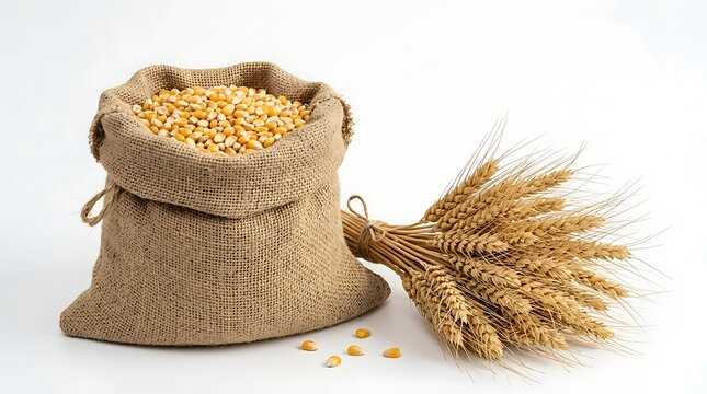 Burlap sack of whole corn kernels with wheat bundle