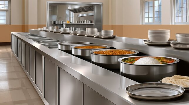 Stainless cafeteria buffet counter with hot dishes stacked bowls and serving pans in a commercial kitchen for menu design poster and catering background