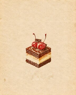 Vintage-style whimsical illustration of a square layered chocolate cake topped with fresh red cherries and chocolate pieces on a cream paper background.