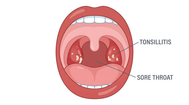 Medical illustration of inflamed tonsils and sore throat in an open mouth