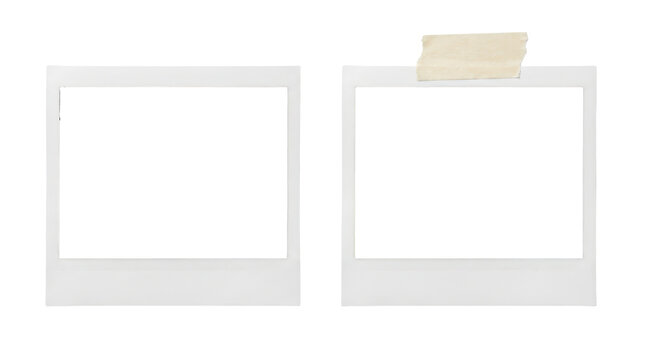Vintage instant photo frames, set of two blank polaroid style film borders with adhesive strip, retro white paper picturedesign elements for scrapbooking isolated on transparent background