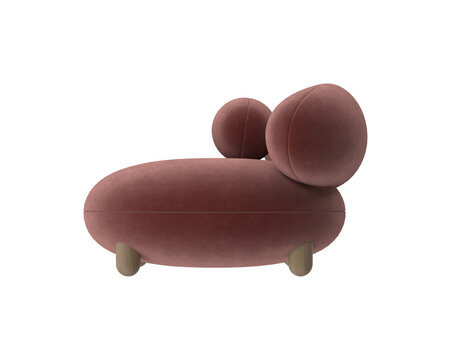 Unique plush sofa with rounded organic shapes and wooden legs, isolated on white