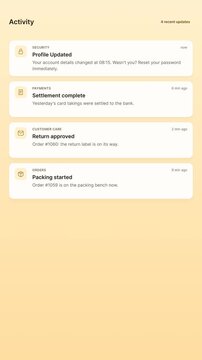 Vertical activity feed animation with notification cards appearing on warm yellow gradient. Account update alerts stack in sequence. Great for mobile app demos and social media presentations.