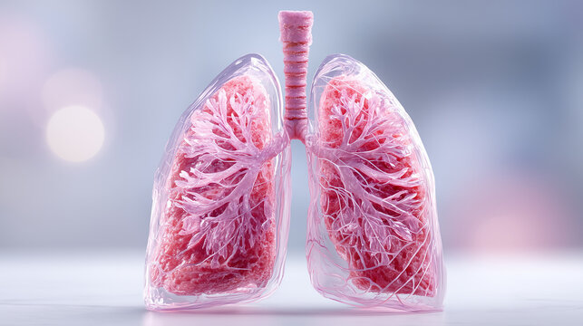 Stylized anatomical illustration of human lungs with detailed airways and bronchial structures isolated against a soft blue and pink background.