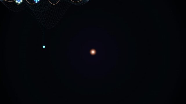 Spacetime Gravitational Well Wireframe and Celestial Attractor on Black Background