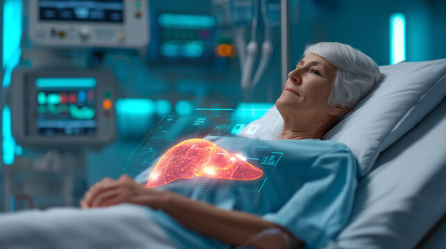 Elderly woman resting in a modern hospital bed with a digital liver health visualization, symbolizing medical technology, diagnostics, organ care, aging and advanced healthcare.