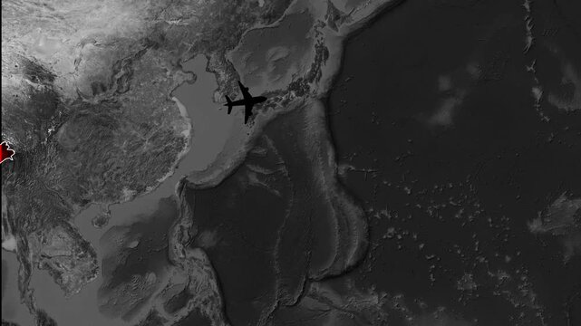 Airplane flying across global world map animation showing flight path from india to united states for international travel video footage