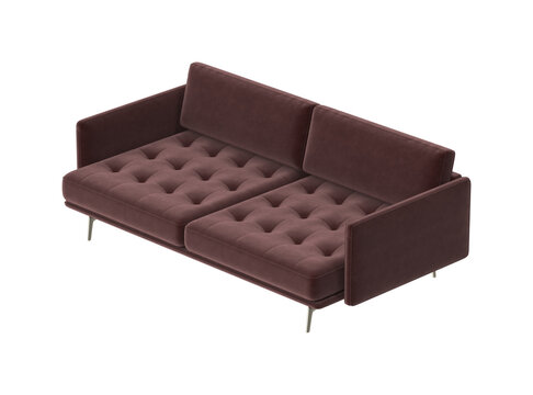 Modern tufted sofa in a rich plum velvet with sleek metal legs