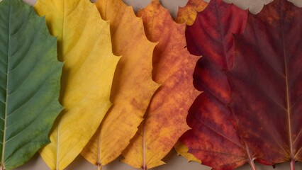 Fototapeta premium A seasonal composition of fallen leaves transitioning from green to deep red.