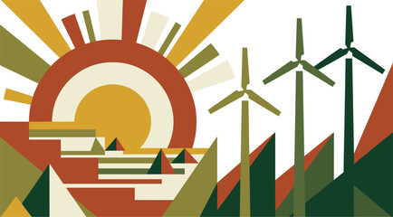 Obraz premium Geometric landscape with sun and wind turbines presents a stylized colorful scene terrain solar energy
