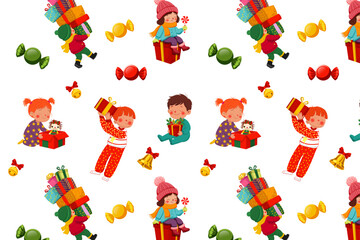 Fototapeta premium Christmas seamless pattern with children opening gifts, candy and bells on white background.
