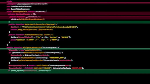 Cybersecurity php code typing with glitch effect. Dark terminal developer screen. Software programming script animation. Hacking firewall security concept. Glitched code distortion background.