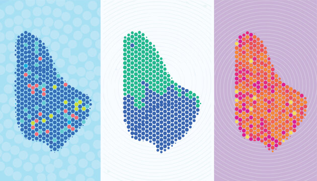 Three colorful Barbados map designs created with circular and hexagonal geometric grids on soft pastel backgrounds.