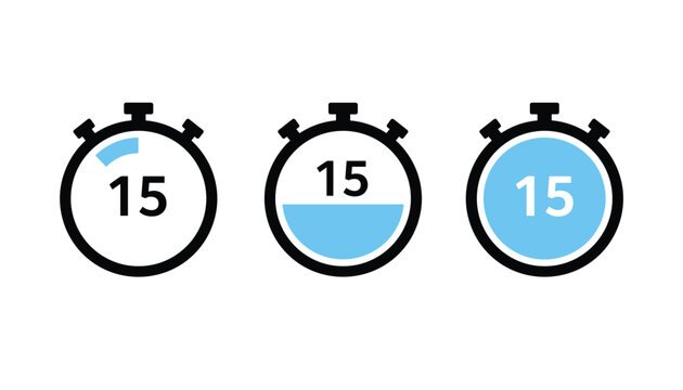 Three stopwatch icons showing fifteen minutes duration with varying blue fill levels to indicate elapsed time.