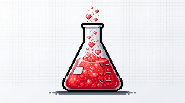Pixel art laboratory flask with red hearts, retro science beaker with love potion, romantic chemistry experiment illustration