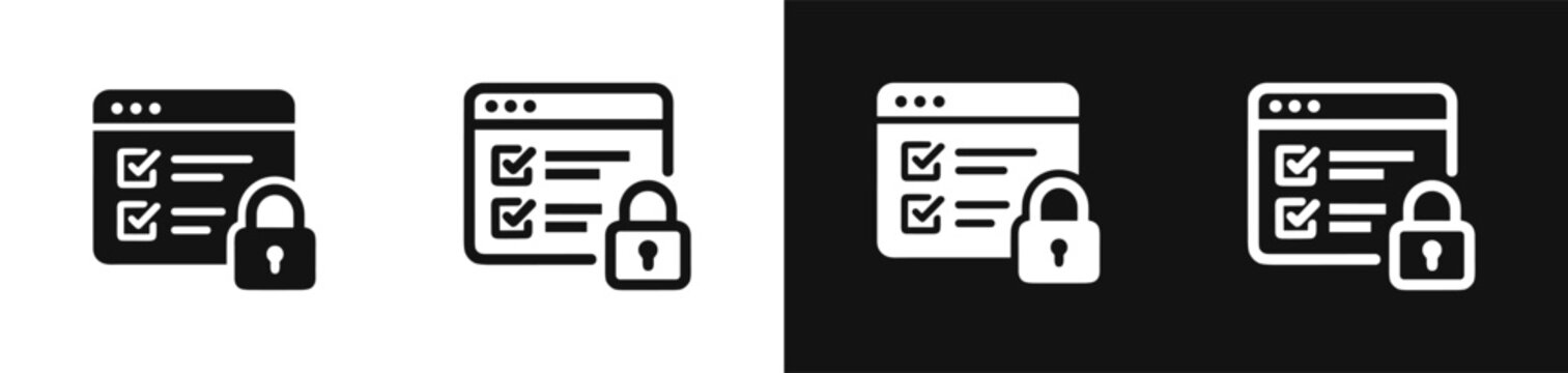 Secure website checklist icon set featuring browser window padlock and privacy checkmarks