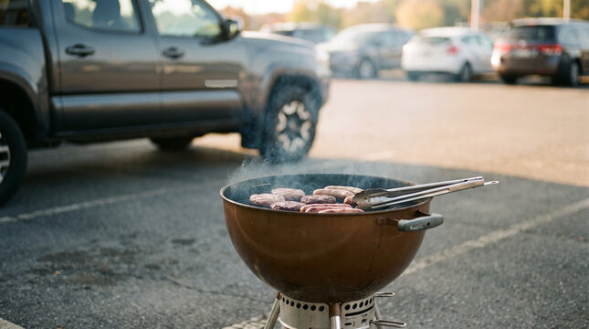 Burgers and sausages grilling on a charcoal barbecue at a tailgate party