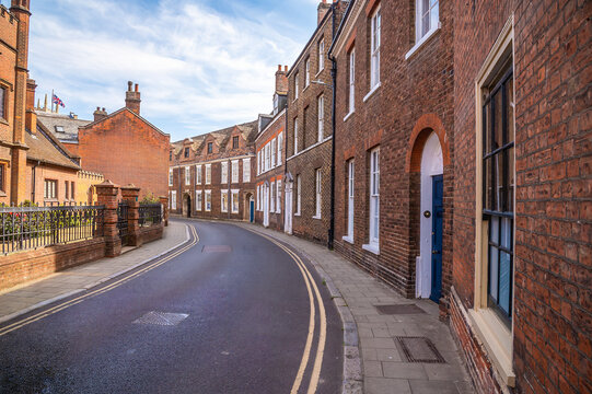 A view down Queen Street in the historic town of King's Lynn, Norfolk, England in summertime