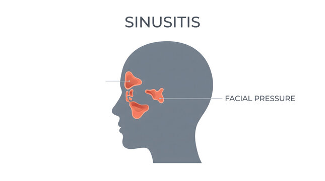 Medical illustration of sinusitis with facial pressure and inflamed sinuses