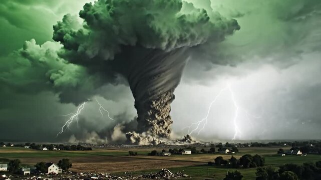 A massive dark tornado swirls over a rural landscape at night