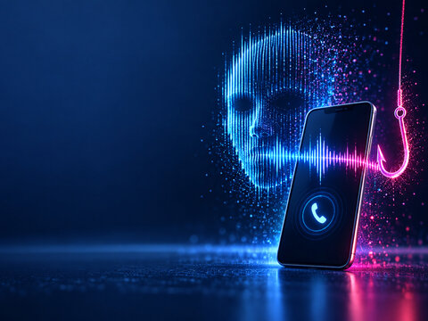 AI Voice Phishing Scam with Smartphone, Digital Face, Sound Wave and Fishing Hook