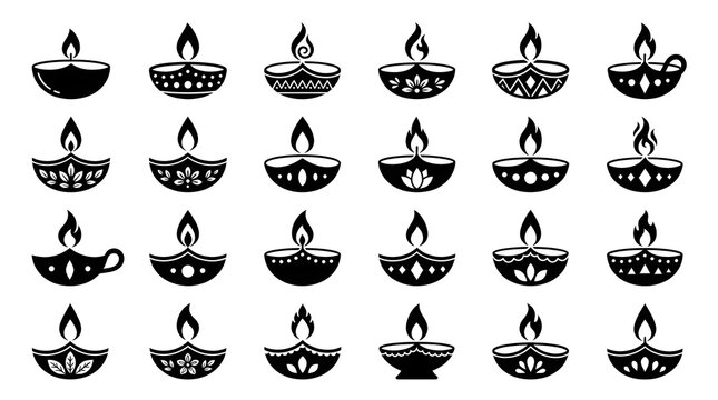 Collection of black silhouette diya oil lamps for diwali indian festivals and traditional hindu celebrations decorative elements for cultural designs