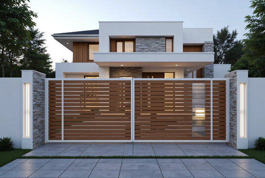 Modern luxury house exterior featuring a large wooden driveway gate with stone pillars