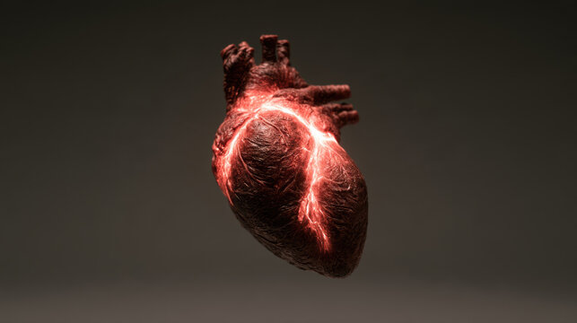Human heart glowing with energy representing life and power