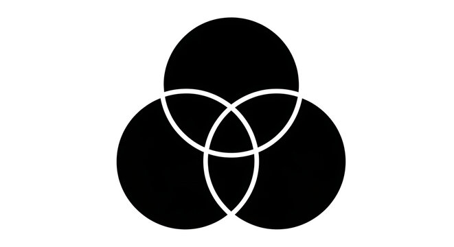 Black venn diagram icon with three overlapping circles isolated on a transparent background