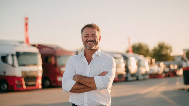 Logistics manager smiling with arms crossed in front of trucks