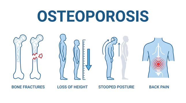 Medical infographic showing symptoms of osteoporosis like bone fractures and pain