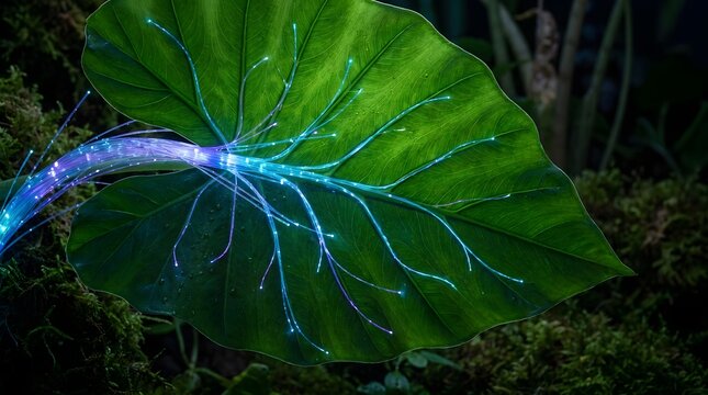 Bionic botanical leaf showing illuminated optical fiber venation filaments transmitting high speed photonics telemetry signals across mesophyll vascular structure network