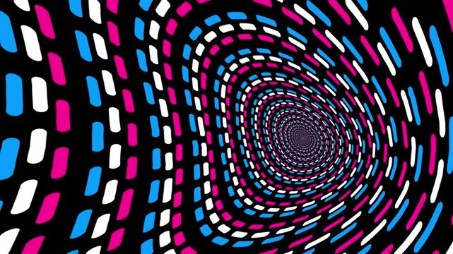 Hypnotic tunnel of moving blue, pink, and white dashes creating an optical illusion vortex
