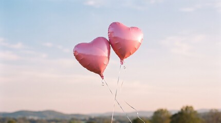 Obraz premium Two pink heart shaped balloons floating against a soft sunset sky with copy space