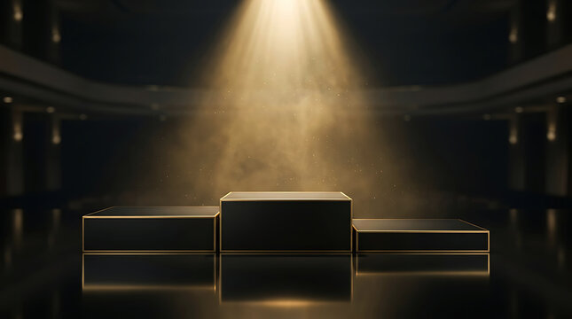 Black and gold podium illuminated by a dramatic spotlight on a dark stage