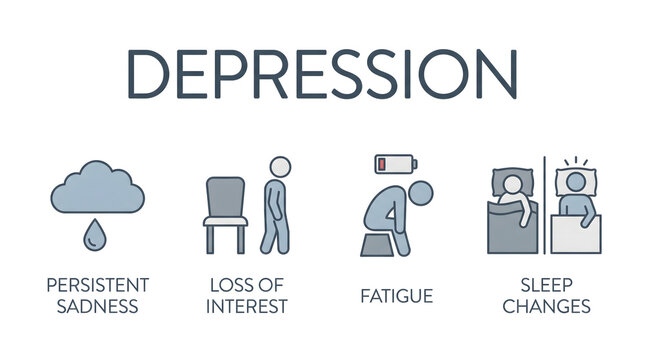 Infographic showing depression symptoms like sadness and fatigue