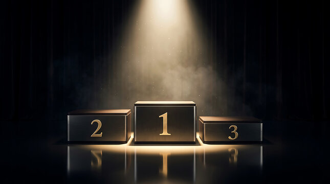 Empty winner podium with gold numbers and spotlight for competition victory