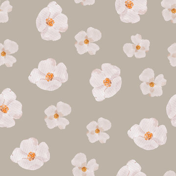 Soft White Blossom Pattern on a Warm Taupe Background. Delicate Seamless Floral Design for Textiles and Wallpaper.