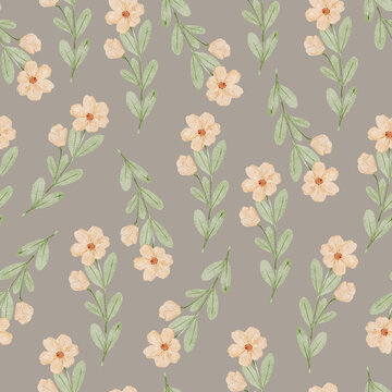 Seamless Peach Floral Pattern on a Warm Taupe Background. Delicate Botanical Surface Design for Fabric and Wallpaper.