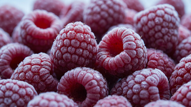 Frozen Fresh Raspberries Close Up with Frost and Natural Texture
