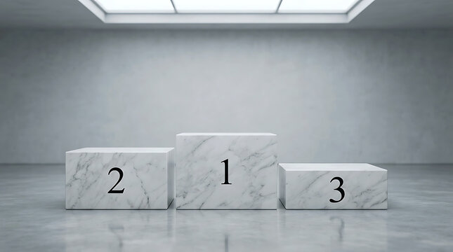Minimalist white marble podium or victory stand in a modern grey studio