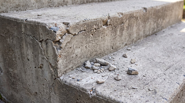 Concrete steps showing severe damage and deterioration from cracking, needing repair and renovation