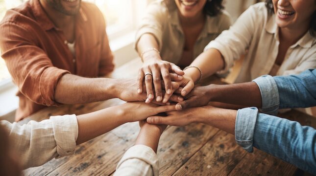 Diverse group of professionals stacking hands in unity during team meeting at wooden table