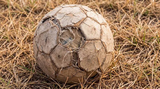 Old, tattered soccer ball lying abandoned on arid field, representing past sports activity, poverty, and endurance
